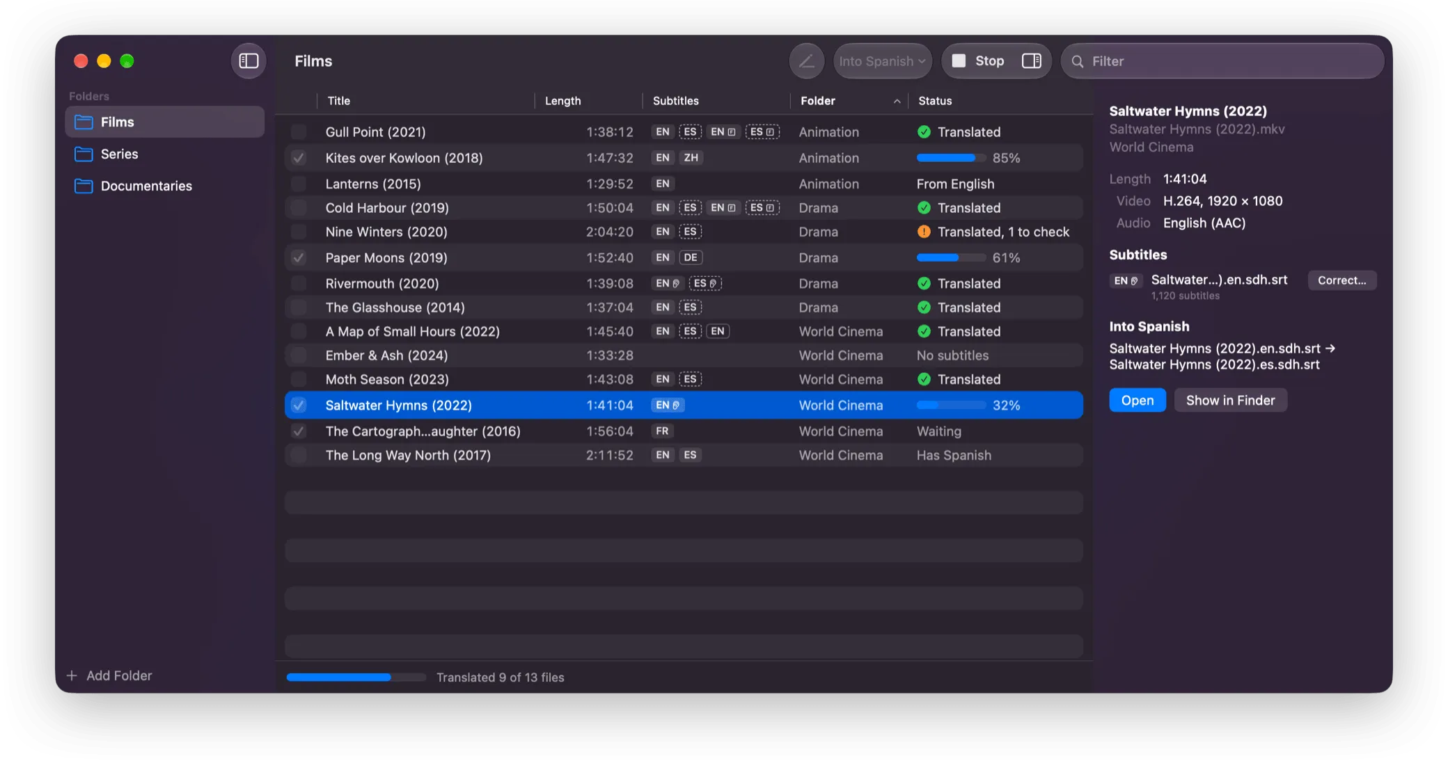 SubStantial translating a folder of films into Spanish: some translated, some part of the way through, one waiting