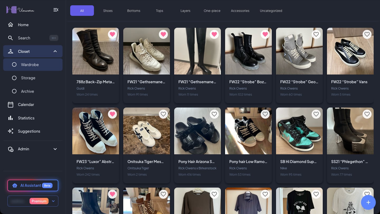 Unworn's closet: a grid of shoes, each with its brand and how many times it's been worn